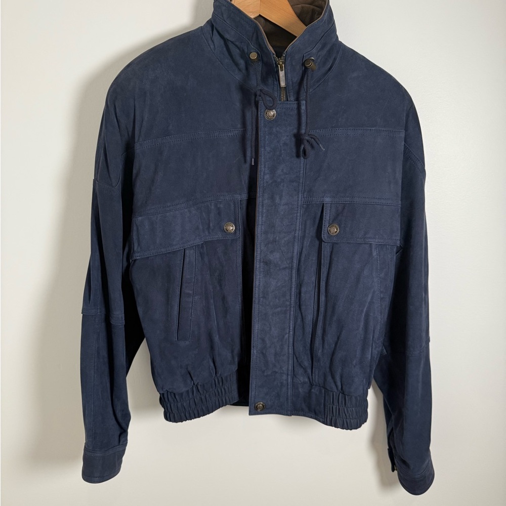 Vintage Adventure Bound Suede leather Navy Blue Bomber Jacket with Liner